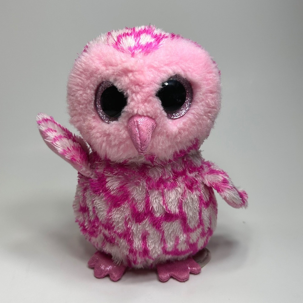 Ty Beanie Boos Pinky the Owl Pink White Glitter Eyes Plush Stuffed Animal Bird